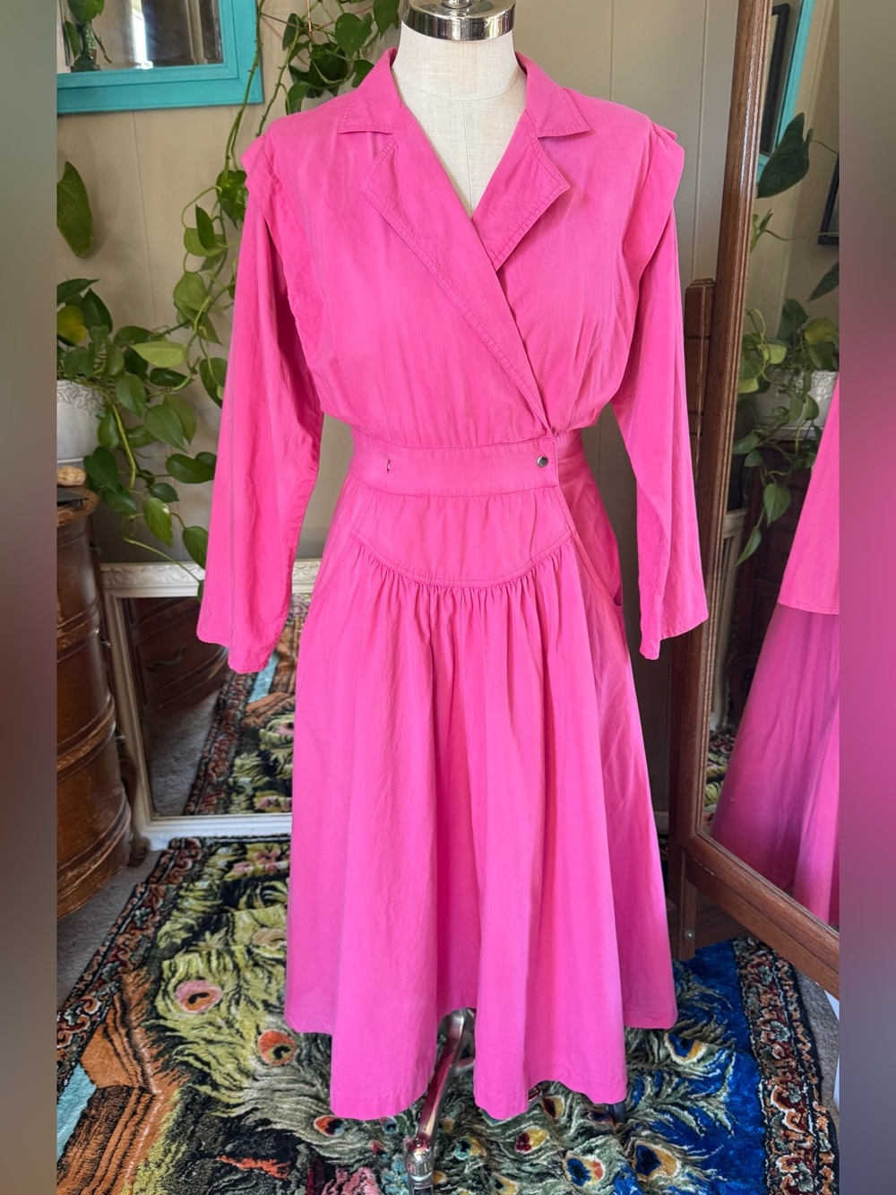 Vintage Joan Harper Hot Pink Long Sleeve Wrap-Style Dress, size 16